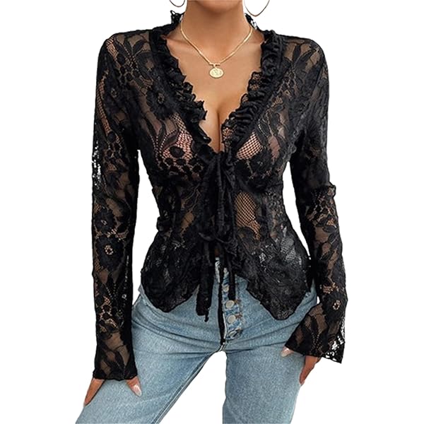 HUDFERG Women Floral Lace Long Sleeve Tops Casual Sheer Basic Lace